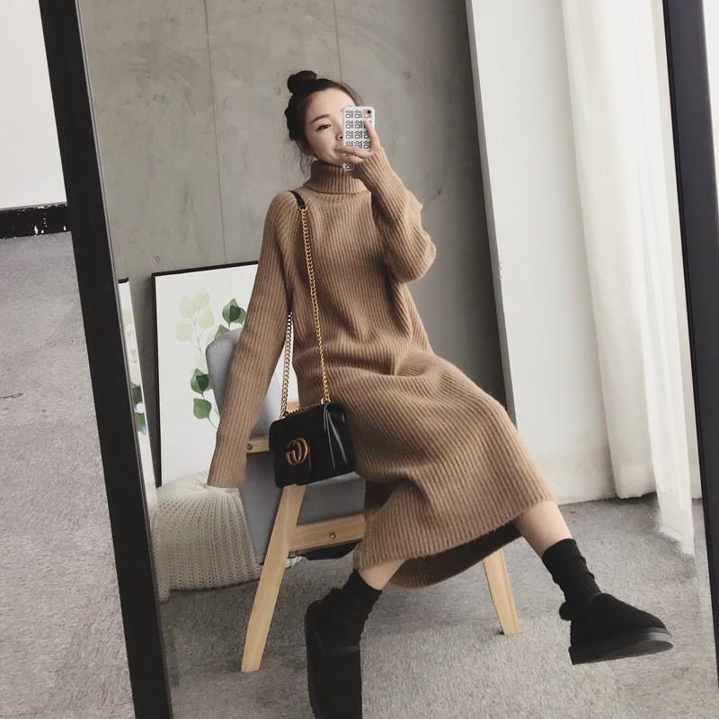 Womens High Neck Long Knit Dress Winter Thick Warm Over-Knee Sweater Pure Color Straight Cut Midi To Maxi