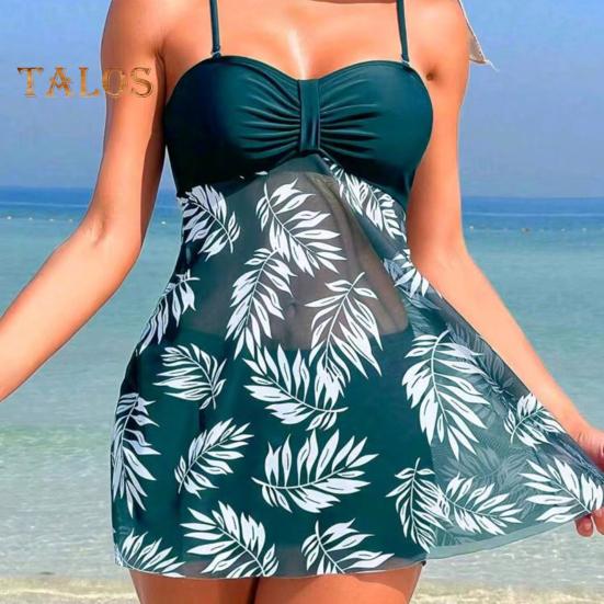 2Pcs/Set Women Summer Swimsuit Set Adjustable Straps Print Mesh Hem Bandeau Tops High Waist Swim Shorts Set