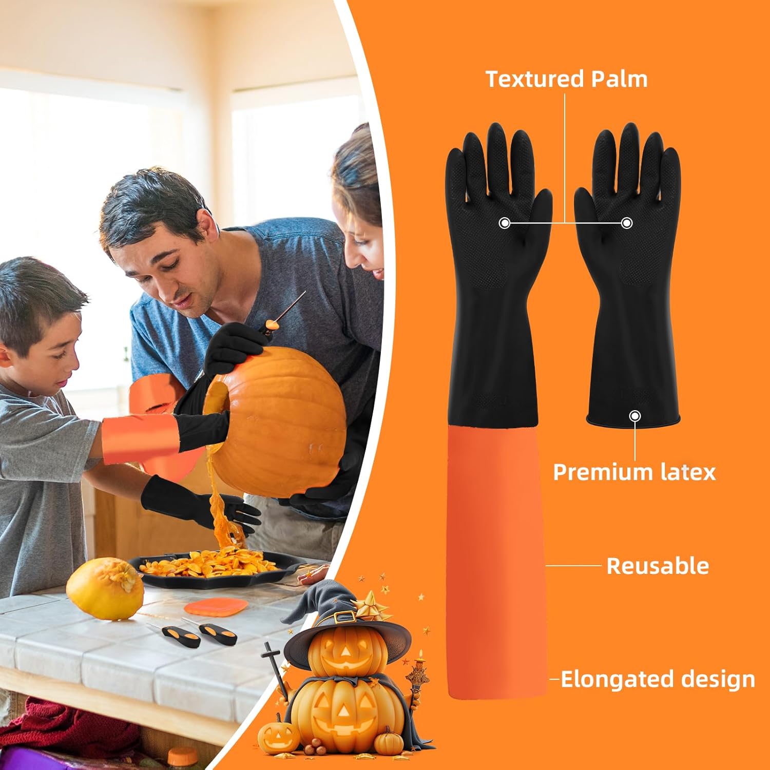 Pumpkin Scraper Glove - Complete Halloween Pumpkin Carving Kit,2 Pairs of Gloves & 2 Scrapers(One for Adults,One for Kids),3 Pumpkin Carving