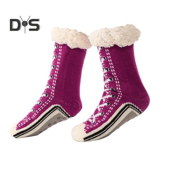 

1 пара зимних носков с рисунком обуви, с плюшевой подкладкой, сохраняющих тепло, рождественские носки с высоким голенищем, гетры для ног, осенне-зимние носки-тапочки, праздничный подарок темно-фиолетового