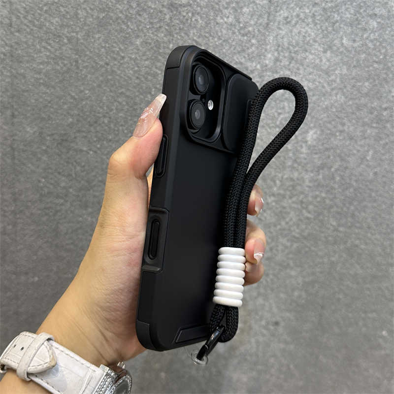 Slide Camera Lens Protection Wrist Strap Cord Case For iPhone 17 11 12 13 14 15 16 Pro Max Plus Shockproof Bumper Armor Cove