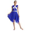 Womens Liturgical Dance Dress Metallic Shiny Cross Sequins Sleeveless Color Block Patchwork Irregular Hem Performance Gown