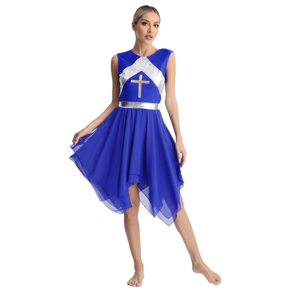 Womens Liturgical Dance Dress Metallic Shiny Cross Sequins Sleeveless Color Block Patchwork Irregular Hem Performance Gown