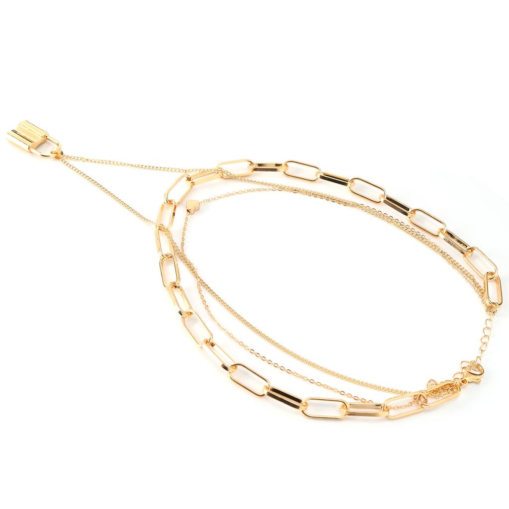 Women Simple Layered Necklace Lock Heart Shaped Pendant Necklace Jewelry Accessory(Golden )