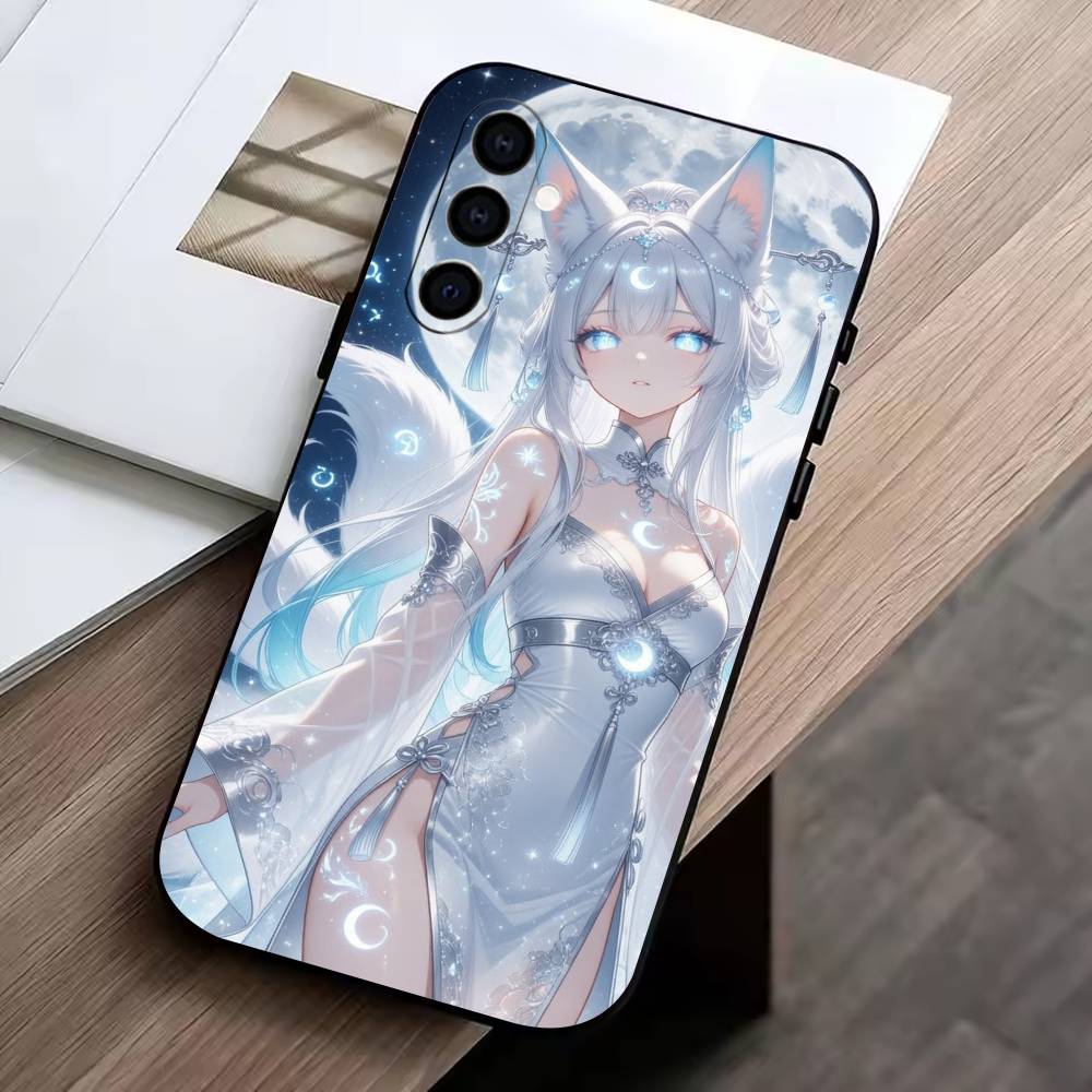 Fox Girl Phone Case Black Silicone Soft For Samsung Galaxy A73,A72,A71,A70,A53,A52,A51