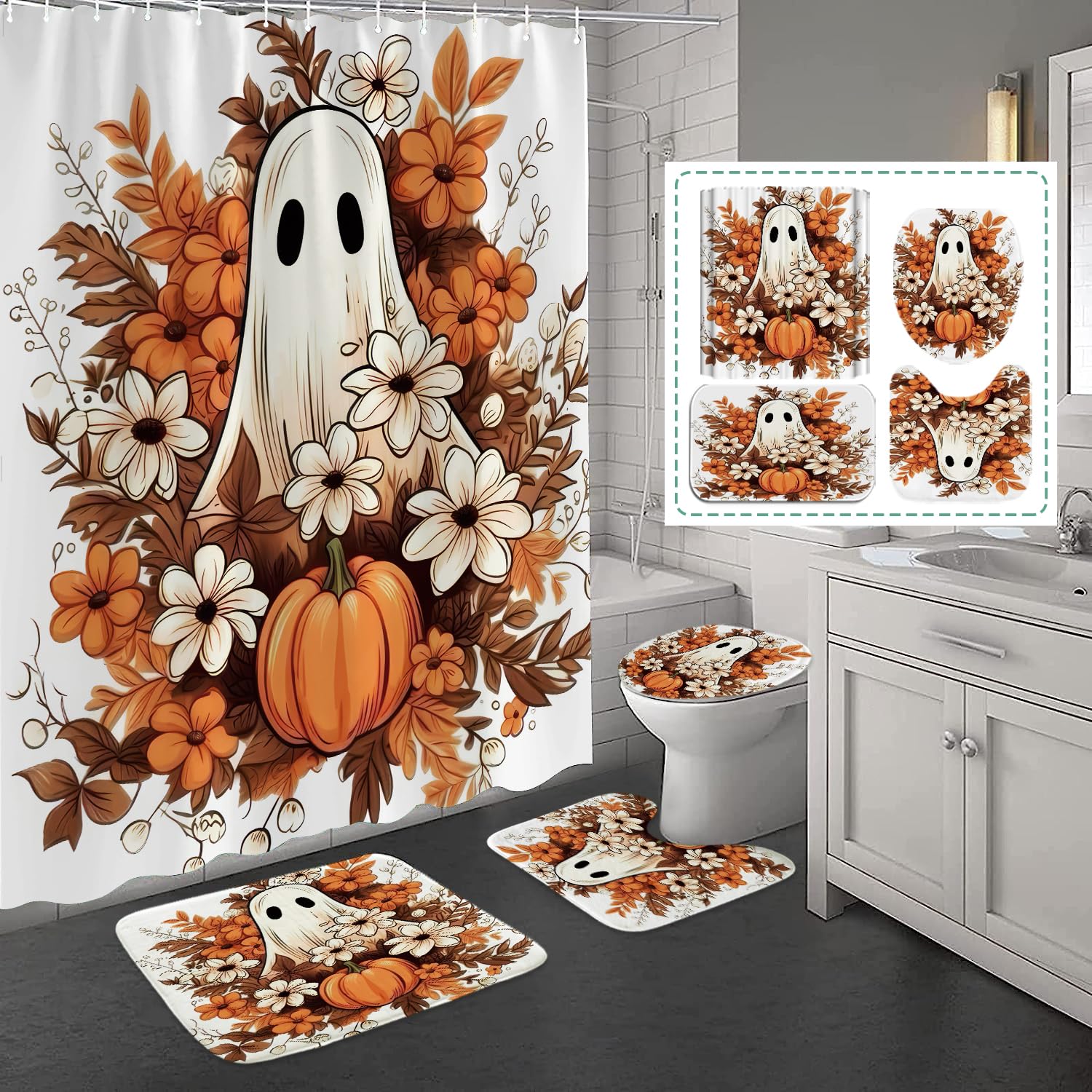 

4Pcs Halloween Shower Curtain Set Fall Autumn Floral Design with Ghost And Pumpkin Elements Anti-Slip Bathroom Decor Accessories 3pc Mat No Curtain