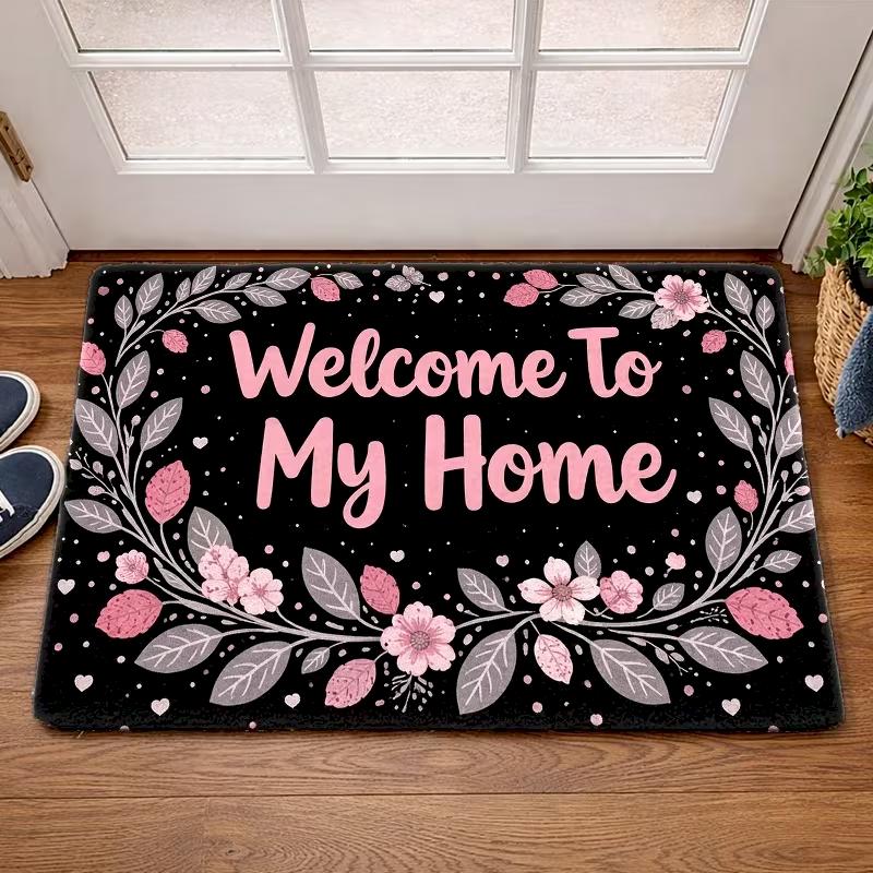 Welcome Letter Print Floral Fruit Vintage Pattern Floor Mat Non‑Slip Doormat for Porch Hallway Kitchen Indoor Home Decor