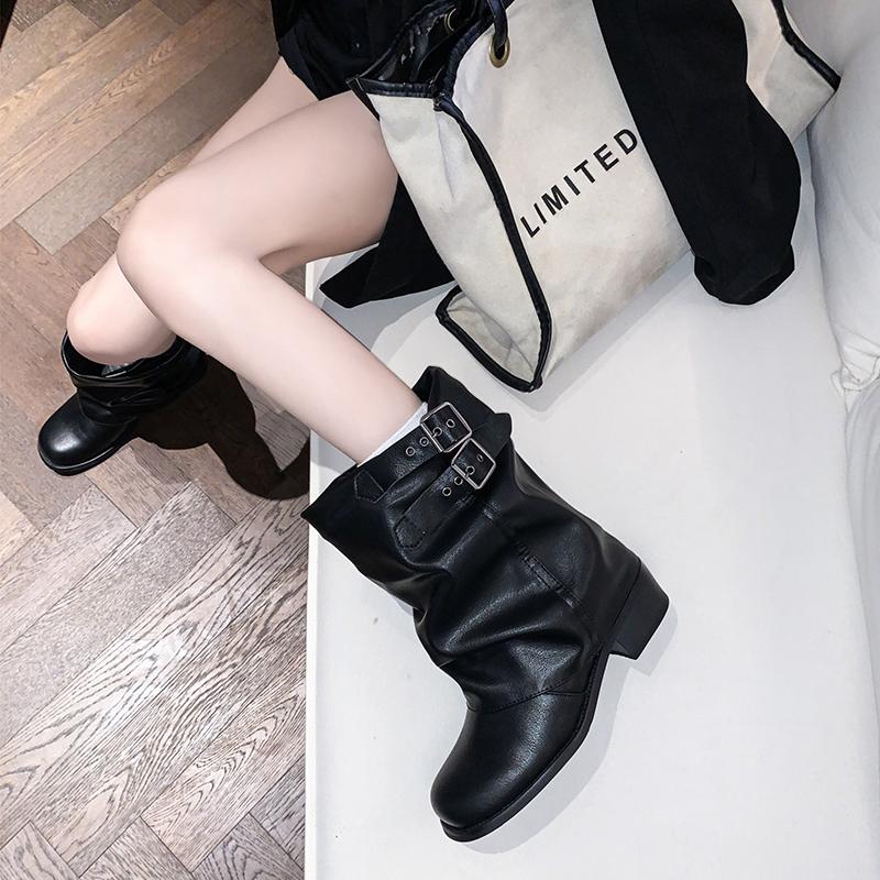 Fashion 2025Pleated Buckle Knight Boots for  Autumn Brown PU Leather Mid Calf Boots Woman Slip-On Thick Heel Riding Botas Mujer