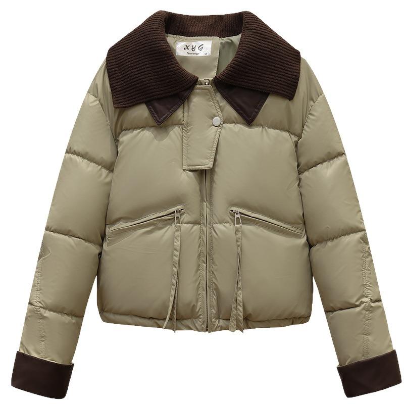 Knitted Lapel Short Down Cotton-padded Jacket for Women's Winter Thickened Leather Splicing Cotton-padded Jacket