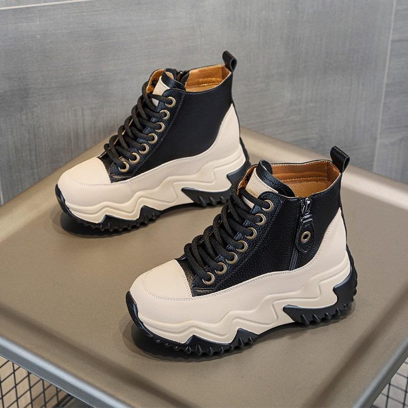 Autumn and winter new thick-soled cm height-increasing casual women's cotton shoes trendy short boots lace-up zipper high-top women's shoes