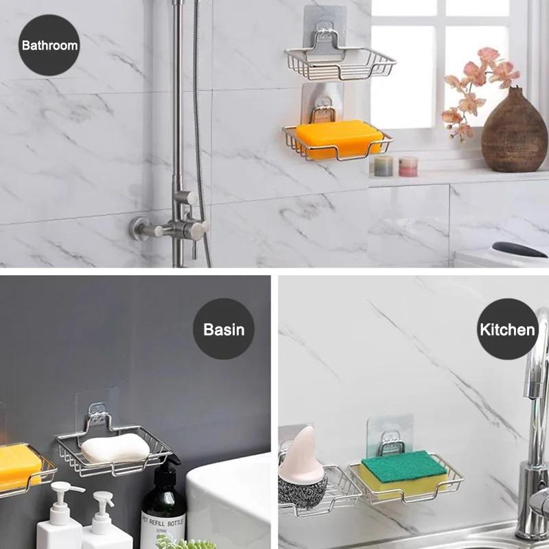Stainless Steel Bathroom Soap Holder Wall Mounted No Drilling Kitchen Sponge Tray Holder Organizer Sticky Shower Soap Dish Rack
