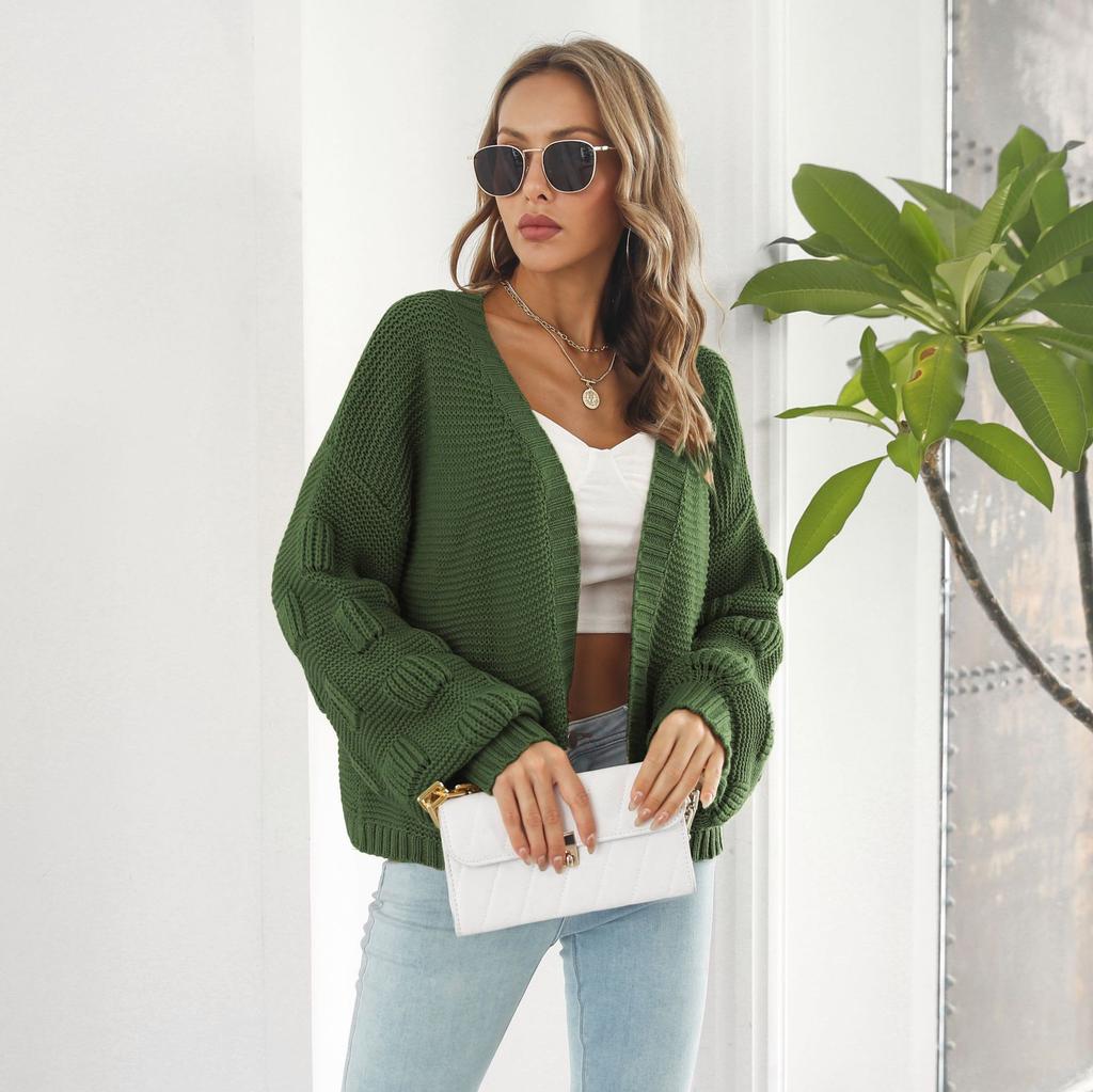 Bubble Lantern Sleeve Loose Knit Sweater Cardigan Coat Autumn and Winter Women's Sweater
