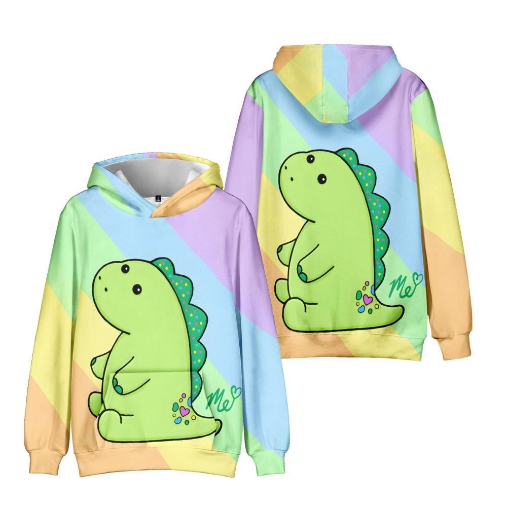Kawaii Green Dinosaur 3D Print Hoodie Pastel Diagonal Stripe Background Graphic Pullover Hooded Sweatshirt With Front Pocket For Youth Kids