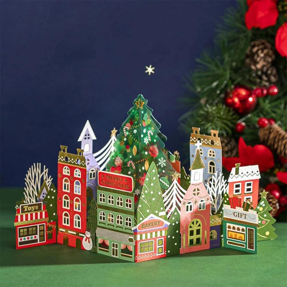 Paper Christmas 3D Greeting Card with Envelope Craft Merry Christmas Blessing Cards Gold Plated Pop Up Paper Carving Postcard