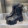Schwarze Punk-Knöchel-Motorrad-Stiefeletten mit dicken Sohlen, Damen-Schnürstiefel, Frühling, dicker Absatz, Gürtelschnalle, Taschendesigner, klobige Schuhe