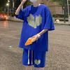 2Pcs/Set Men Summer Outfit Round Neck Short Sleeve Tops Wide Leg Shorts Set Heart Pattern Loose Fit Tracksuit