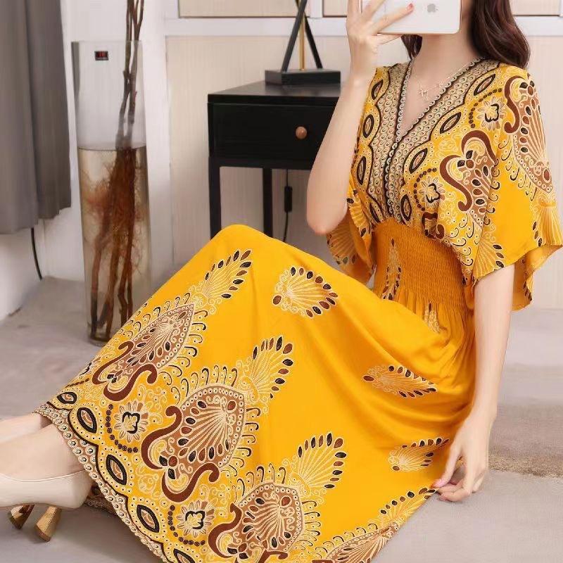 Ethnic Style V-neck Cotton and Silk Short-sleeved Beach Dress Thailand Travel Dress Summer Print Vacation Floral Skirt