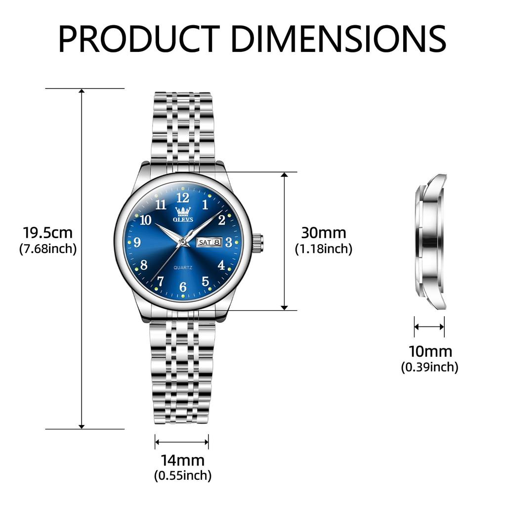 OLEVS Analog Quartz Watch with Date and Day Popular for Women and Blue Silver and Stainless Steel Blue Women's Display, Waterproof, Stylish, Business,