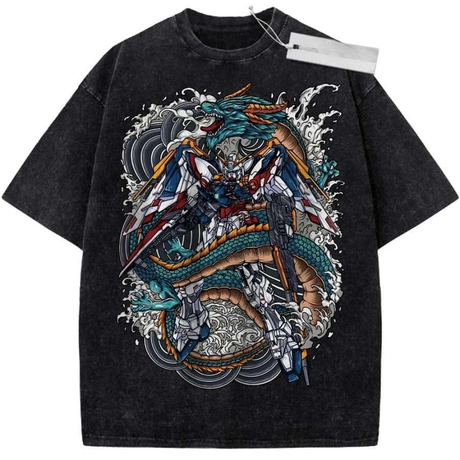 Vintage Washed Anime Oversized TShirt White Gundam Dragon Graphic Streetwear Tee For Otaku Casual Daily Campus Home Wear