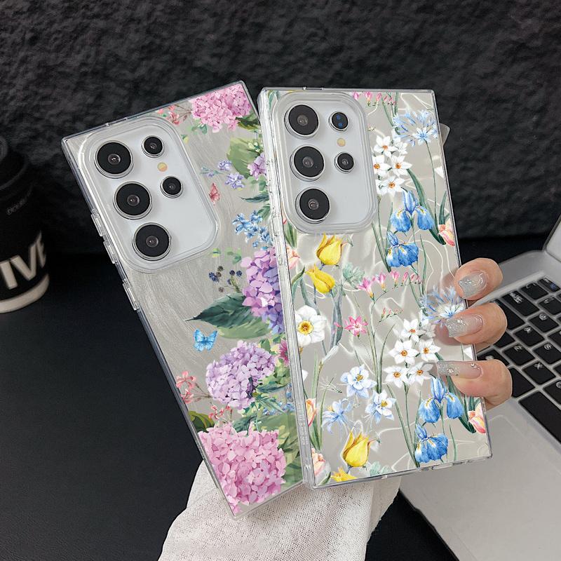 Motif Floral Plume Pailleté Étui de Téléphone Slim Pour Samsung S25 Ultra S24 FE S23 A56 A36 A16 A55 TPU Antichoc Bord Souple Paillettes Coque Arrière Rigide en PC