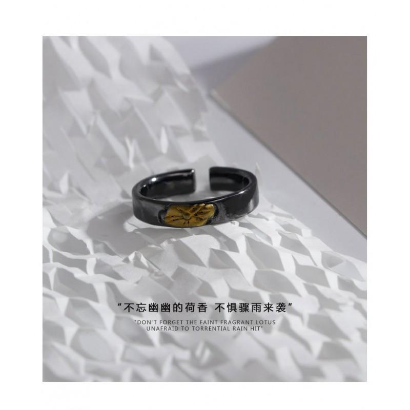 Adjustable Open Ring Men Women Minimalist Edge Design With Lotus Motif Plated Geometric Statement