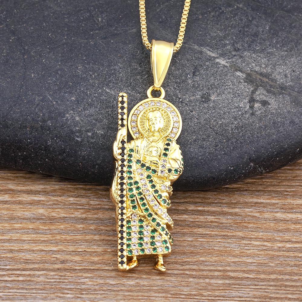 

Nidin High Quality Jude Thaddeus Inlaid Rainbow Zircon Pendant Gold Plated Necklace Unisex Retro Religious Gifts Wholesale
