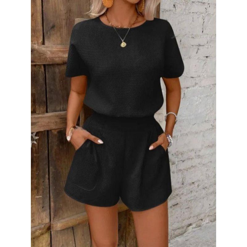 Solid Color Round Neck Top and Shortset Pure Color Crew Neck Tops Shorts Suit
