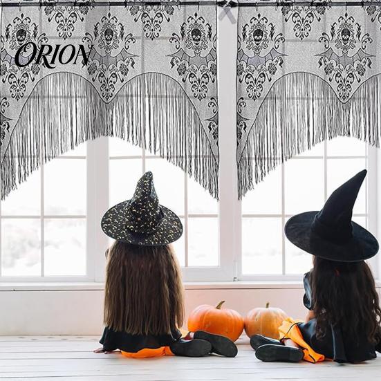Dark Mystery Window Curtain Halloween Spooky Valance, Skull And Bat Pattern Sheer Lace Curtain, Vintage Style Valance Light Filtering Gothic