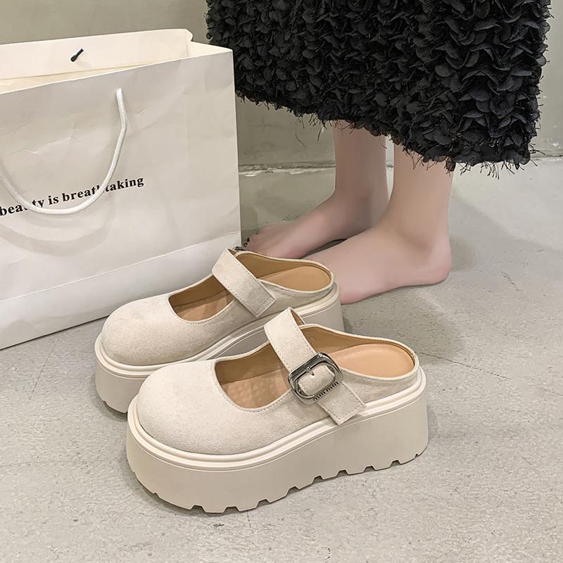 2025 Spring Muffin Thick-bottomed Bag Head Half Slippers Women Wear New Height-increasing Versatile Velcro Retro Cool Slippers