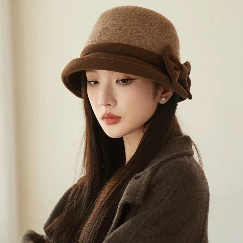 French Style Splicing Fisherman Hat Winter Warm Bow Decor Elegant Lady Hat