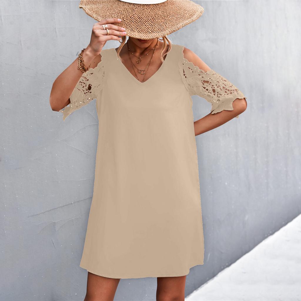Fashion Women Solid Color V-Neck Off-Shoulder Dress Casual Loose Piece Dress