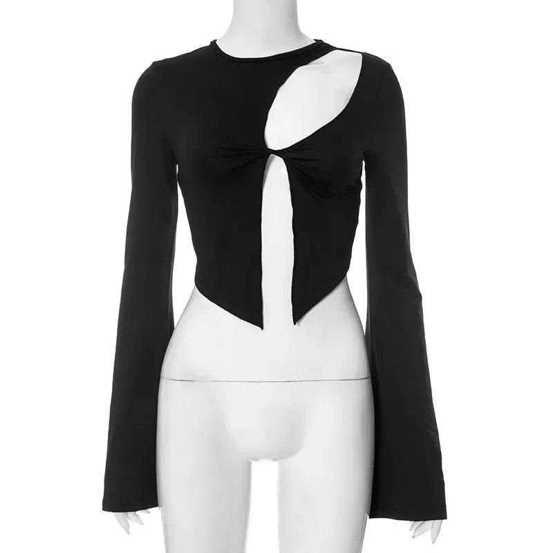 

Модные облегающие сексуальные укороченные топы с вырезами, женская футболка с круглым вырезом, футболки с расклешенными рукавами, асимметричная элегантная черная футболка Blusas 29848 S чёрный