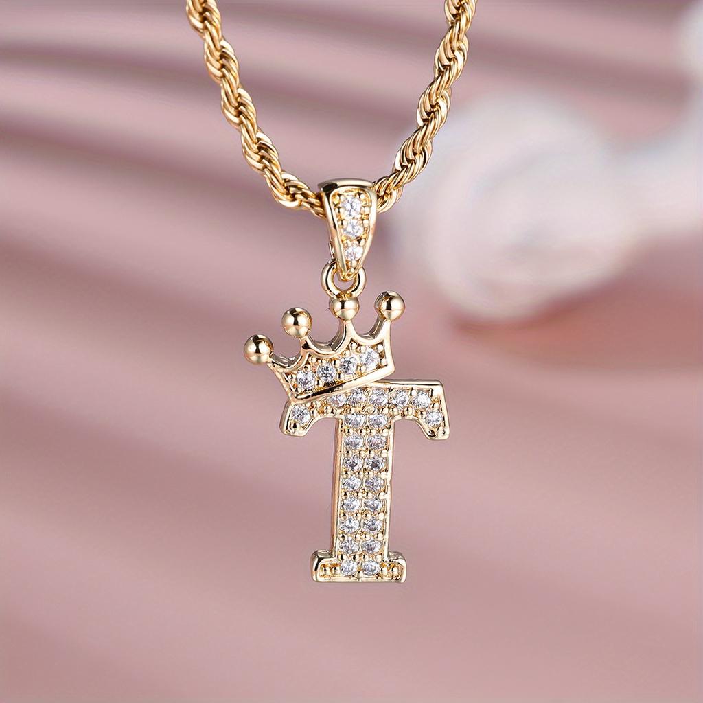 1 Pc Golden Color 26 English Letter Princess Crown Necklace Pendant Wedding Band Jewelry Valentine's Day Gift