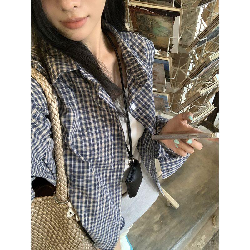 Kumikumi Idle Style Plaid Lapel Long Sleeve Shirts Women Clothes Autumn Casual Loose Mid-Length Shirt Outerwear