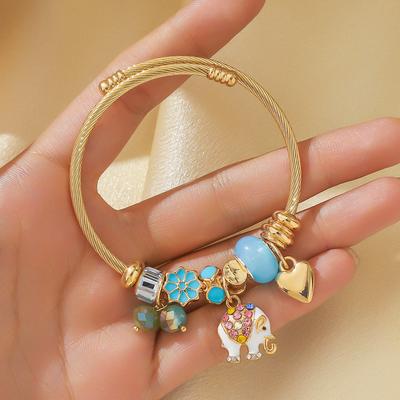 Stainless Steel Gold Bracelet Women'S Fashion Cartoon Diamond-Set Elephant Bow Pendant Open Beaded Bracelet Women