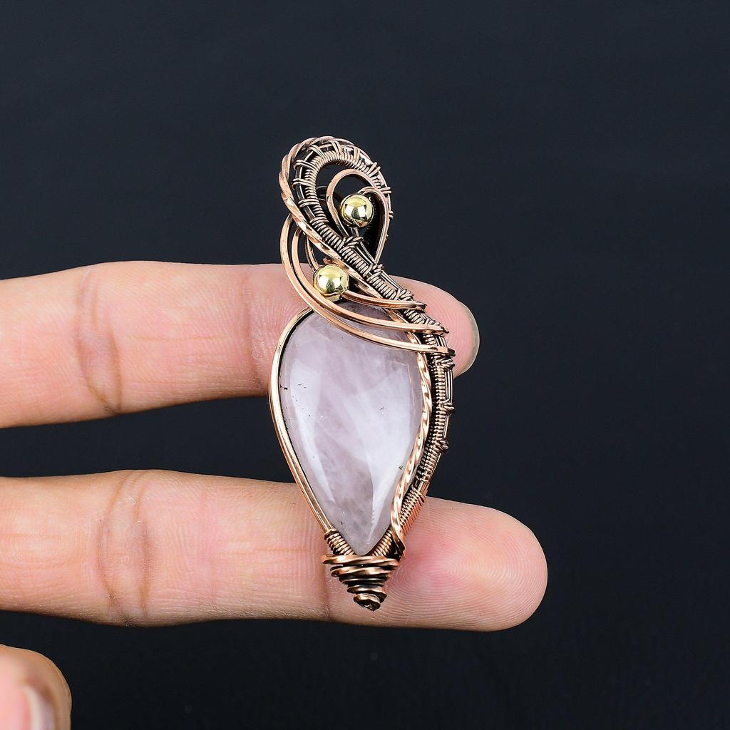 Rose Quartz Gemstone Handmade Pure Copper Wire Wrapped Pendant Jewelry For Thanksgiving