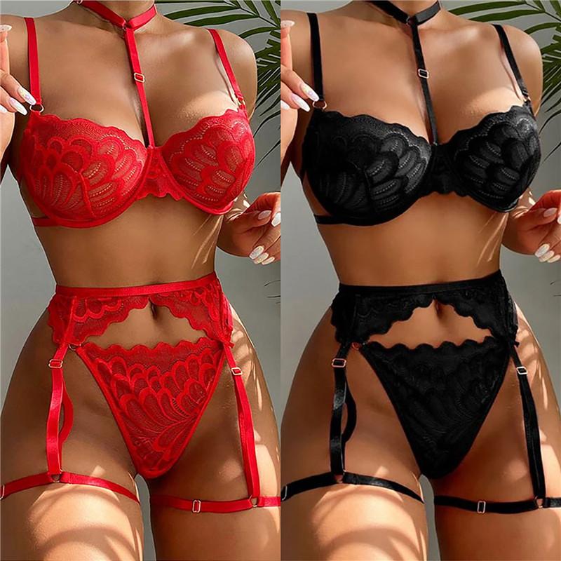 Women Sexy Solid Perspective  Underwear Set Lace Lingerie Set Lady'S Bra And Panty Garters See Through Lingerie Sets