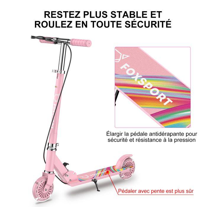 Trottinette Enfant - FOXSPORT - Pliable - Guidon Ajustable de 3 Niveaux - Frein à Pédale - Charge 100KG - Rose