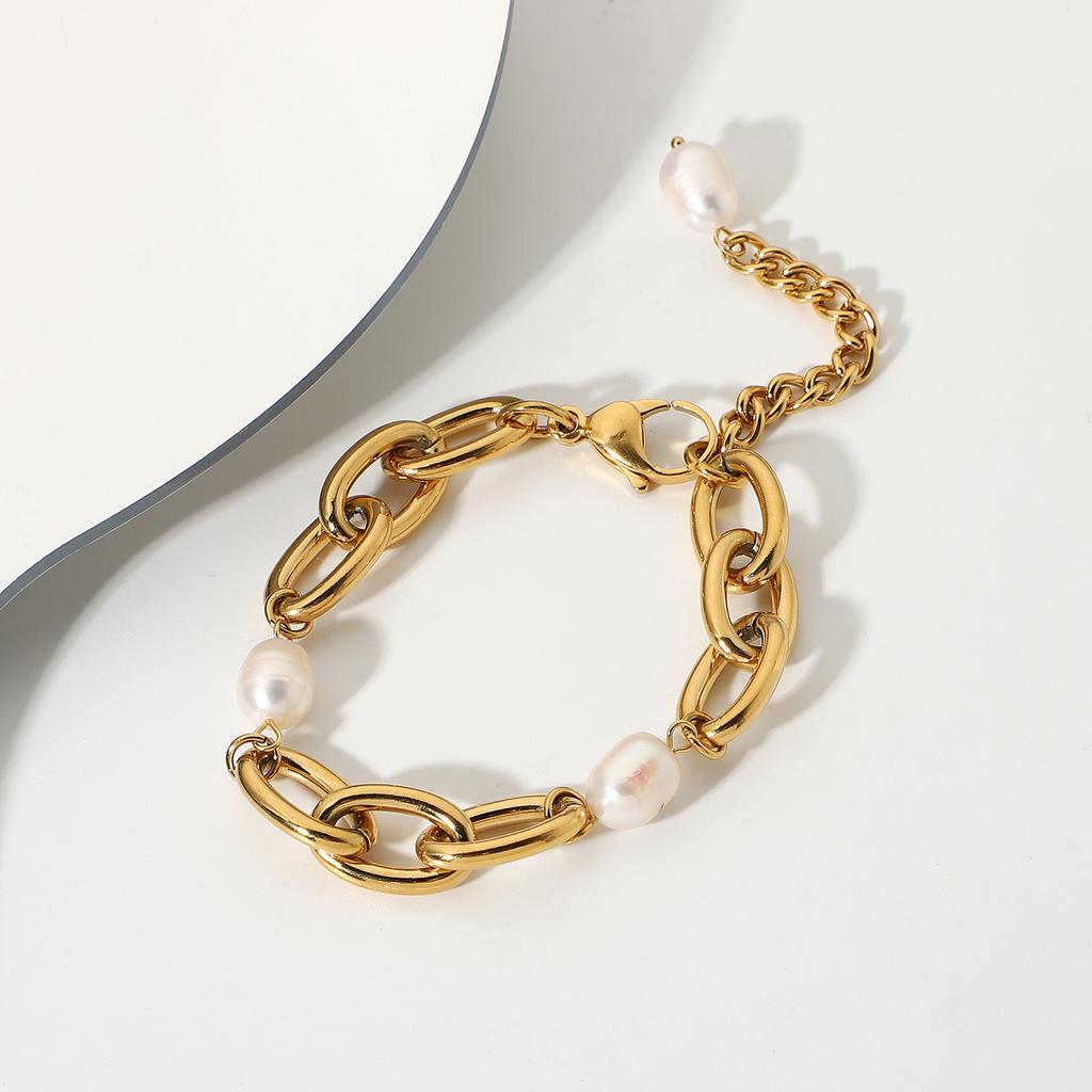 High Quality 18K Gold Plated O-Shaped Adjustable Lager Link Chain Stainless Steel Pearl Bracelet Jewelry Femme