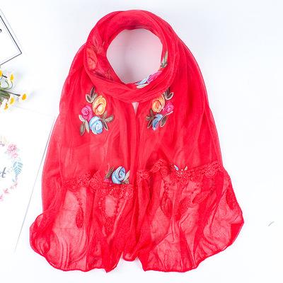 Double Layer Transparent Yarn Long Scarves Head Scarf Flower Embroidery Lace Tassel Hijab Scarf Bufanda Spring Autumn Elegant