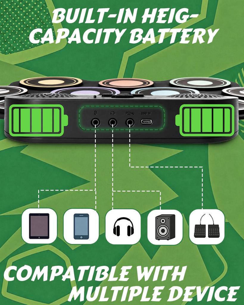 STRICH Electronic Drum 9 MIDI Recording Includes USB and Foot Pedal Kit, Pads, Roll-Up Design, Function, Built-in Speaker, Beginner-Friendly, Sticks,