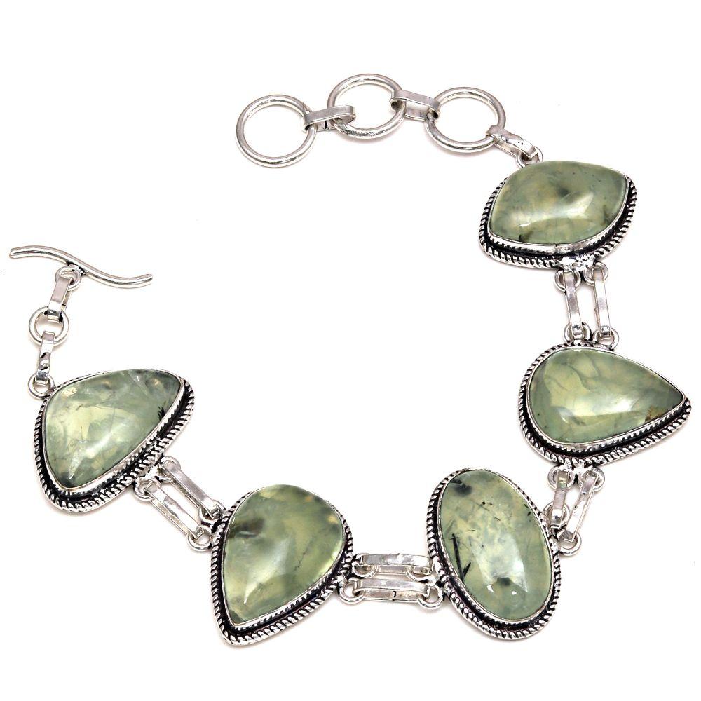 Prehnite Cabochon Gemstone Silver Jewelry Bracelets 7''Adjusable