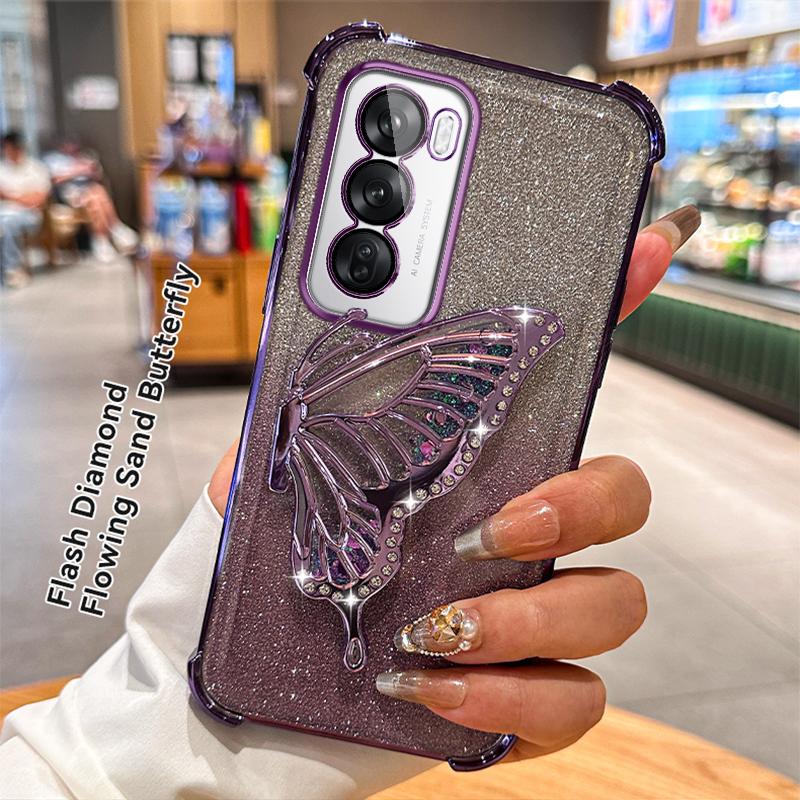 Glitzer Stoßfest Verchromung Treibsand Schmetterling Handyhalter Hülle für OPPO Reno 14 14F 13 13F 12 12F 11 11F 10 Pro Silikonhülle