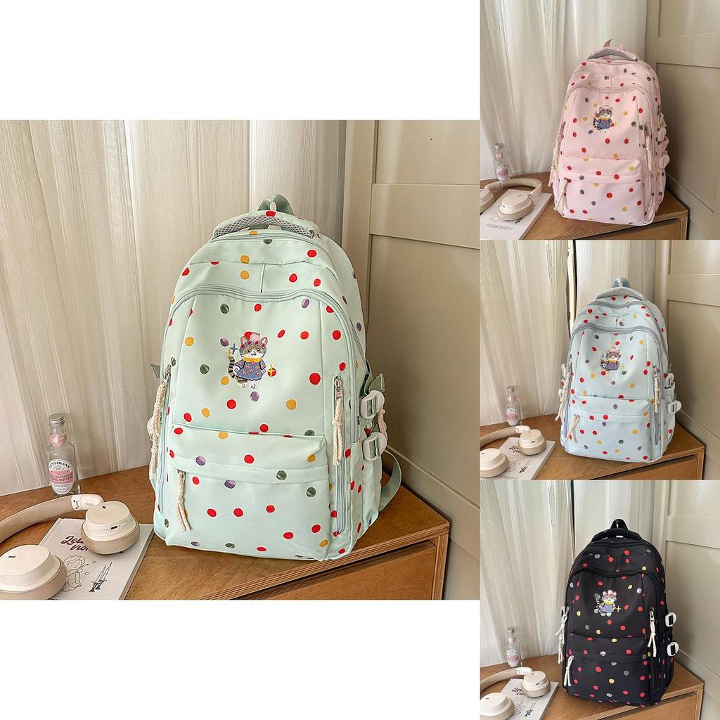 Cute Colorful Polka Dot Cartoon Cat Embroidery Pattern Student Backpack For Middle School
