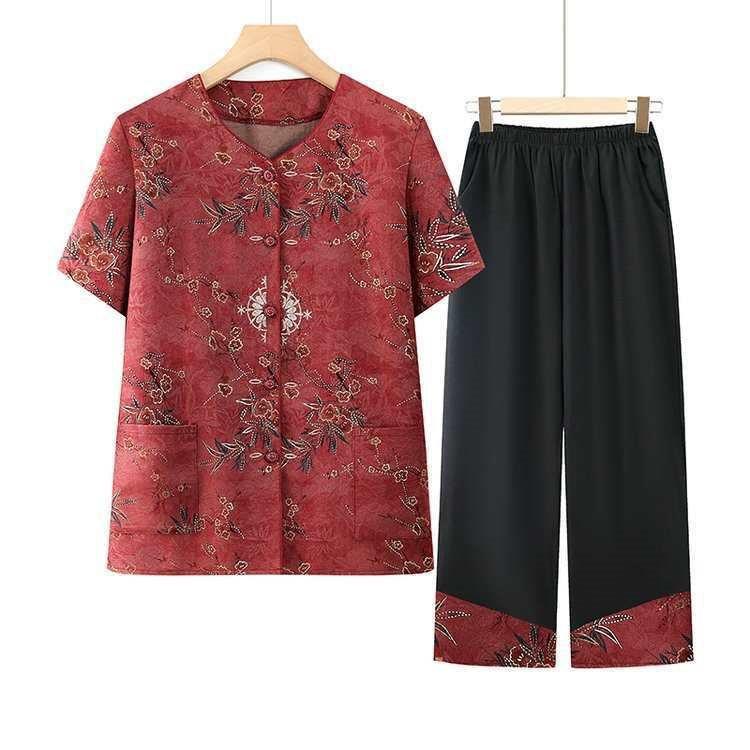 

Women s Plus Size Tang Suit Two-Piece: Summer Short-Sleeved Chinese-Style Set for Grandma 5XL (140-155 jin)