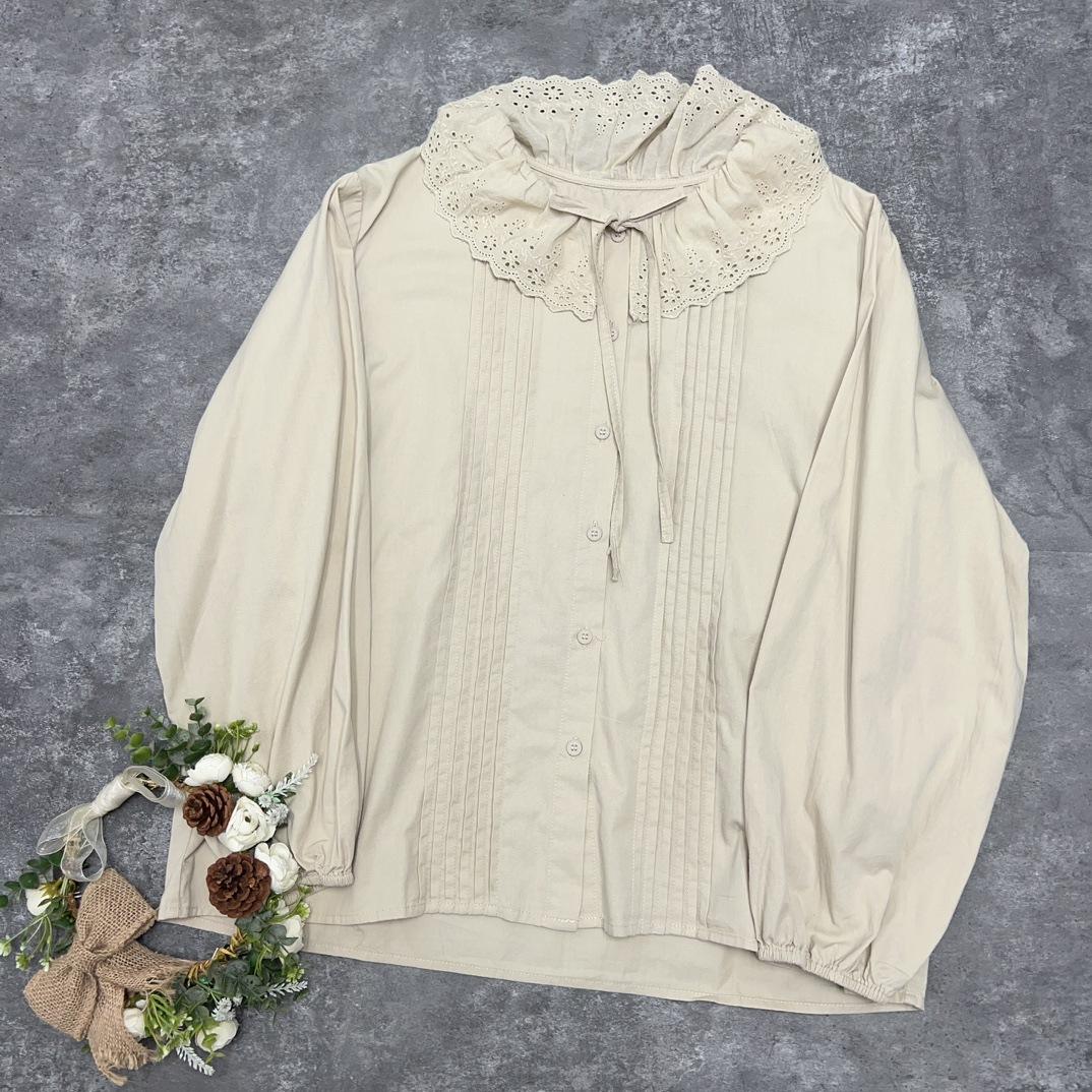 

Johnature японская прессованная плиссированная рубашка на шнуровке, весенние повседневные плиссированные женские винтажные топы с оборками и воротником One Size бежевый