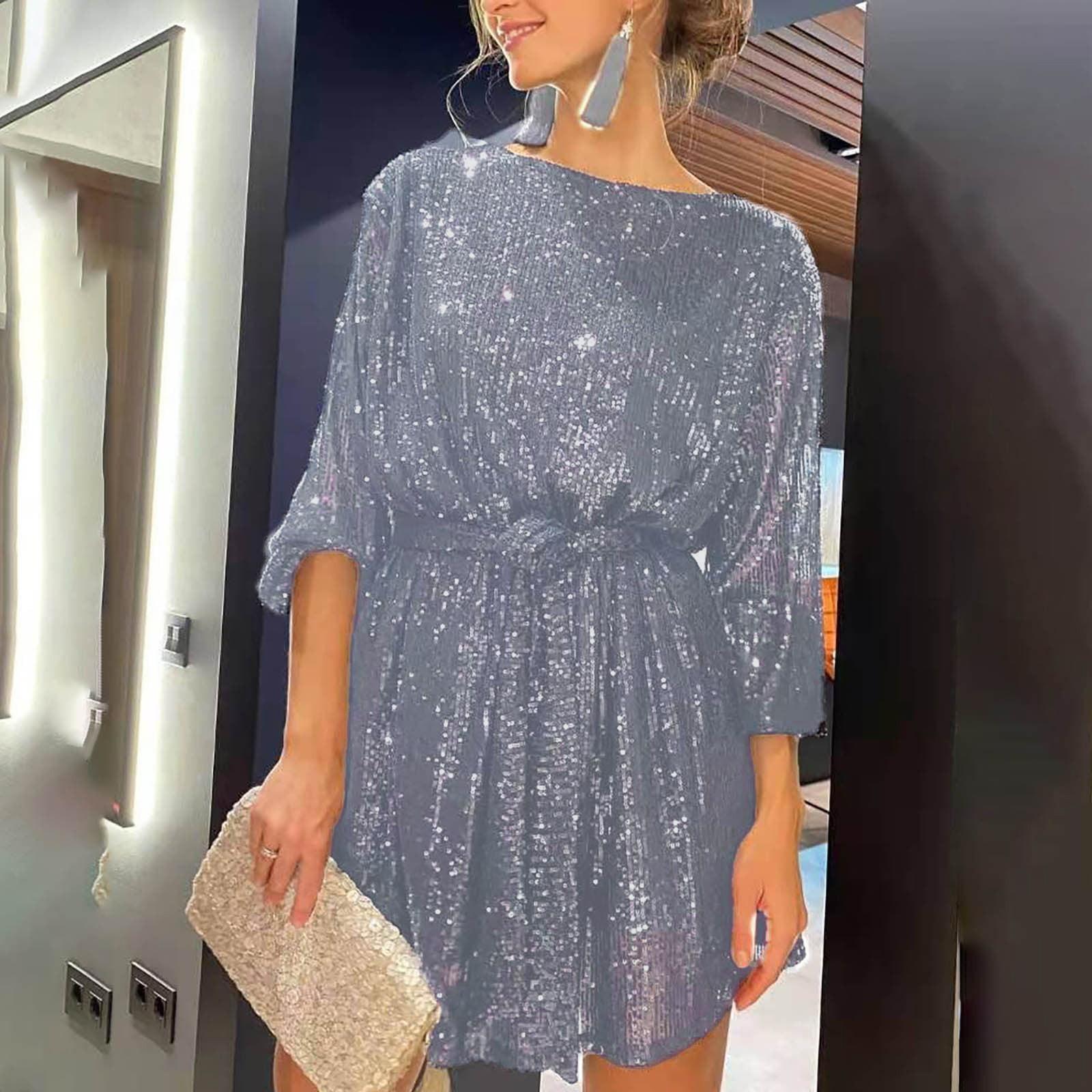 Women s Fashion Loose Long Sleeve Straight Sequin Glitter Dress Party Sequin Beaded Dress XL