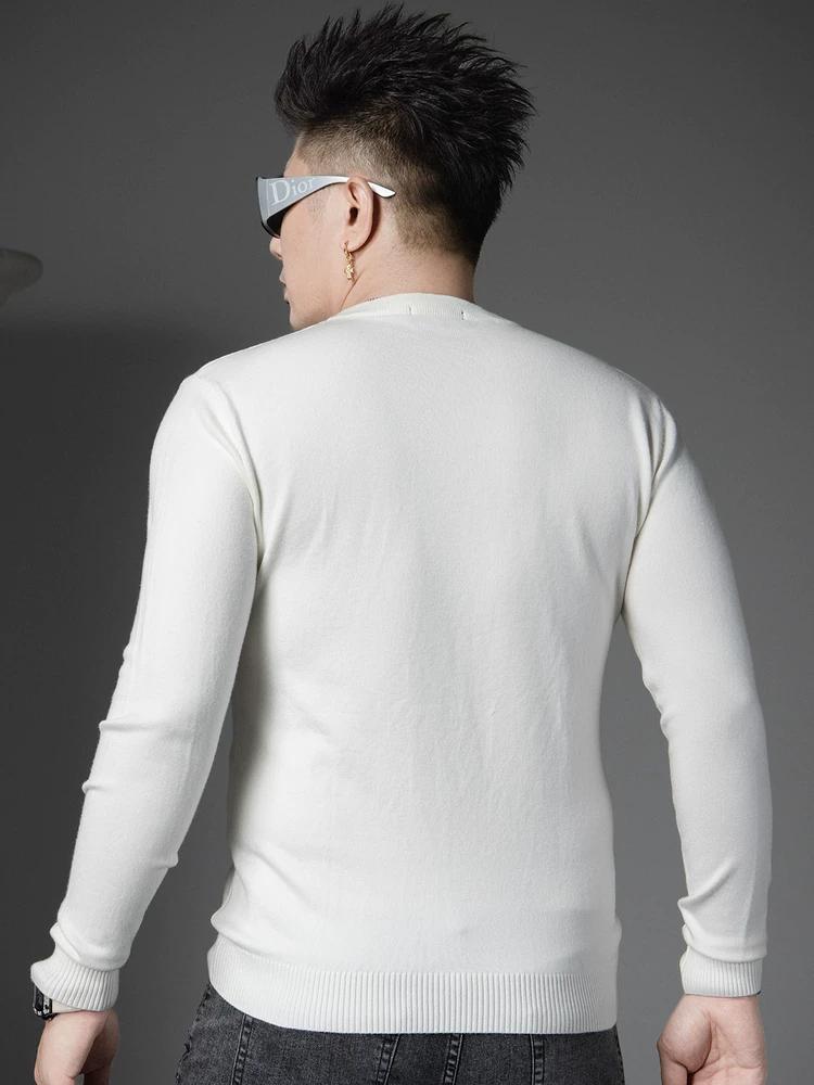 European Style High-End Printed Rhinestone Sweater for Men, Autumn and Winter Warm Base Layer Pullover Knitwear with Round Neck