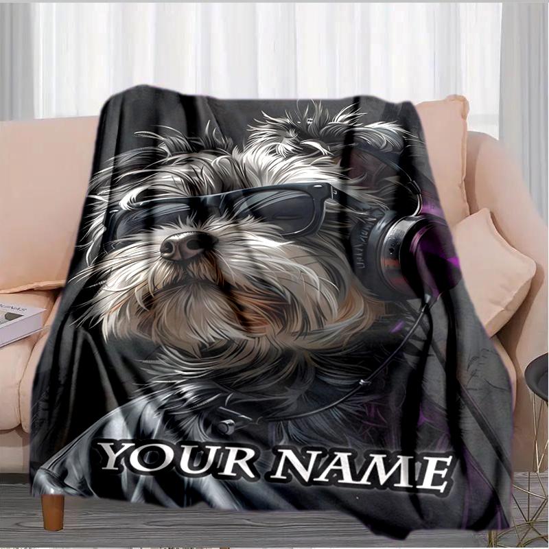 1PC Custom Name Musician Dog Style flannel blanket versatile, all-season throw suitable for the living room, bedroom, camping, travel, and gift