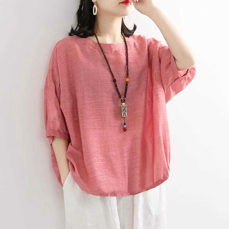 2025 summer new plus size women's loose casual solid color imitation cotton and linen short sleeved T-shirt top half sleeved T-shirt for women